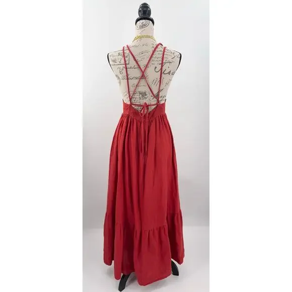 B51 Posse Lotus Linen Maxi Dress Small Red Flowy Sundress Resort Spaghetti Strap - Picture 5 of 9